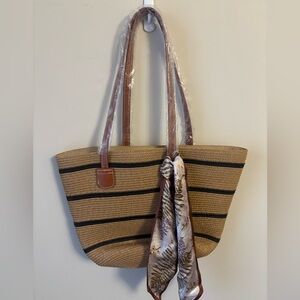 Woven tote bag with vegan leather handles and accent sash light beige